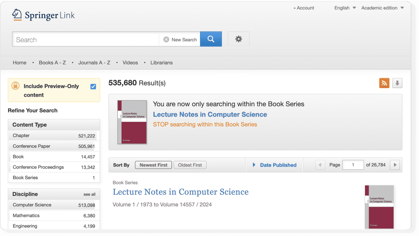 Search interface of Springer Lecture Notes in Computer Science